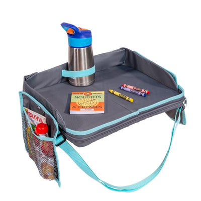 3-IN-1 Travel Tray and Tablet Holder with toddler sippy cup in holder and accessories on tray