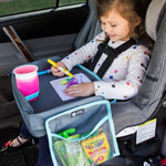 Child sitting in car seat and drawing with the 3-IN-1 Travel Tray and Tablet Holder