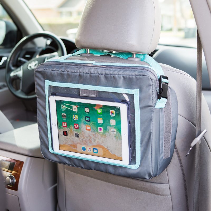3-IN-1 Travel Tray and Tablet Holder hanging on the back of the front seat in the car with an ipad in it