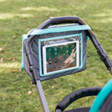 3-IN-1 Travel Tray and Tablet Holder hanging on stroller handle with ipad in it