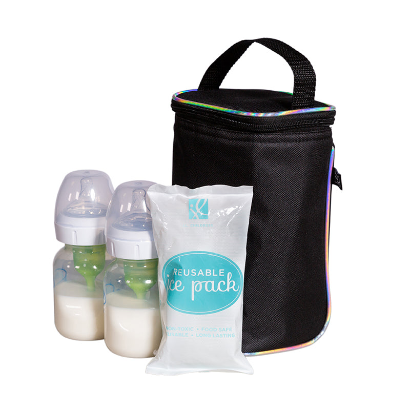 TwoCOOL Double Bottle Cooler, iridescent with bottles and ice pack sitting next to it