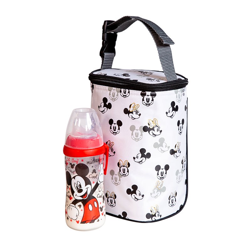 Disney Baby TwoCOOL Double Bottle Cooler, Mickey Minnie Ivory with bottle sitting next to it