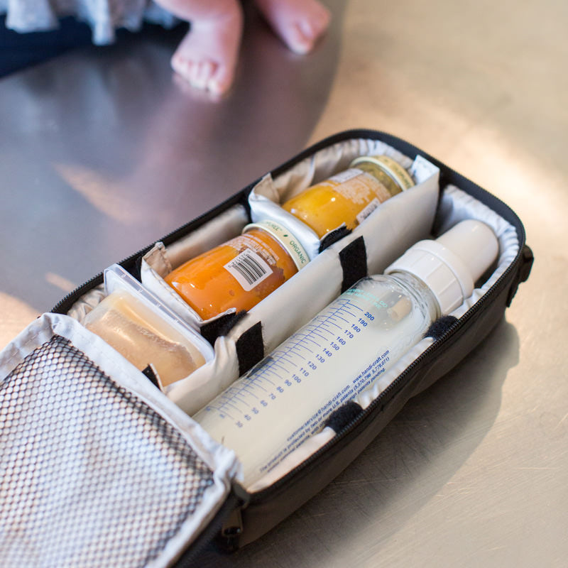 Pack ‘N Protect Cooler Bag for Glass Bottles and Containers open with bottle and food jars inside