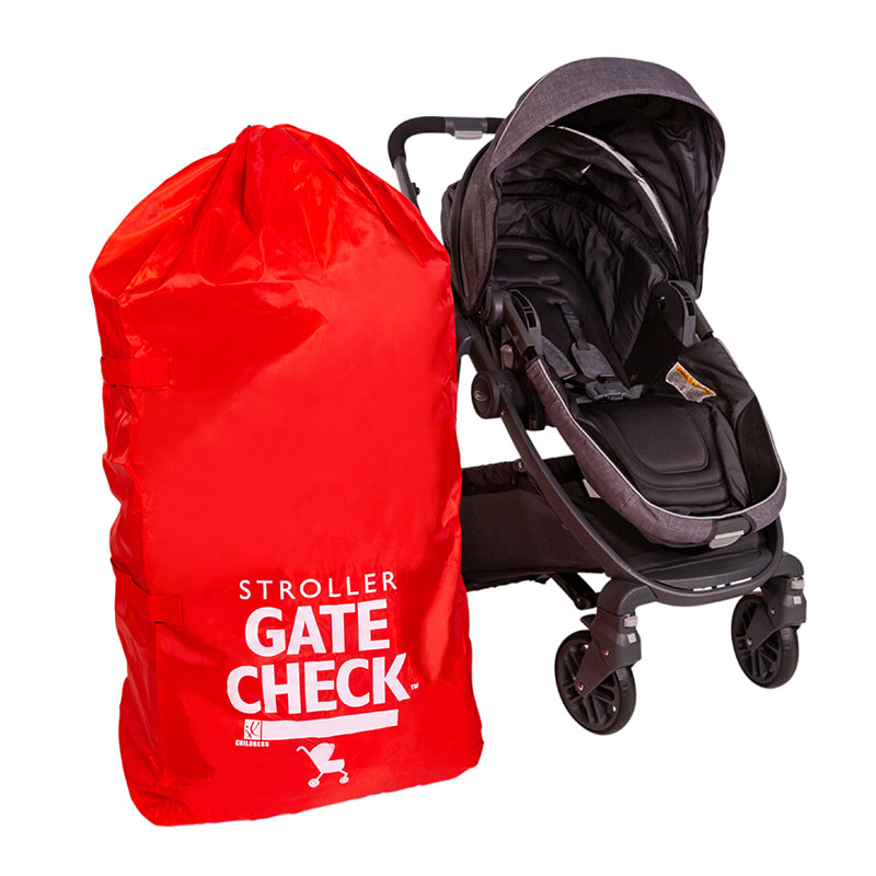 Gate Check Travel Bag for Single and Double Strollers sitting next to stroller