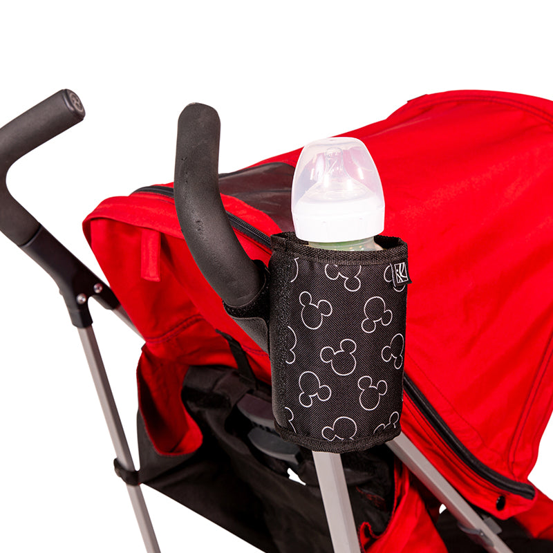 Disney Baby Cup ‘N Stuff Stroller Cup Holder hanging on stroller with bottle in it
