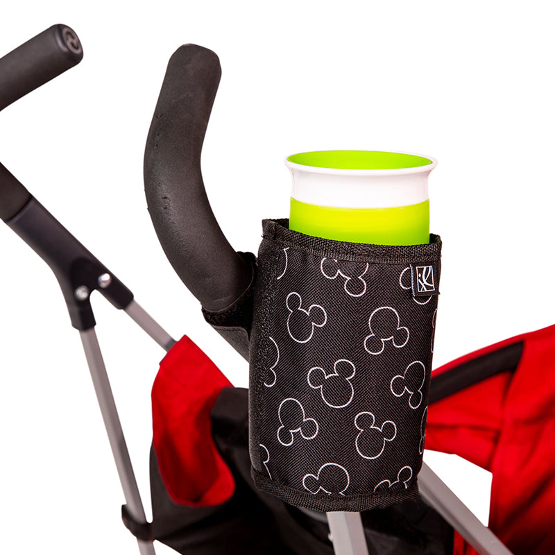 Disney Baby Cup ‘N Stuff Stroller Cup Holder hanging on stroller with toddler cup in it