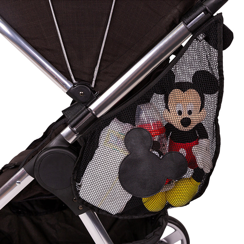Disney Baby Side Sling Stroller Cargo Net hanging on stroller with accessories in it