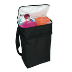 6 bottle cooler with top cooler section open and snacks inside
