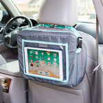 3-IN-1 Travel Tray and Tablet Holder hanging on the back of the front seat in the car with an ipad in it