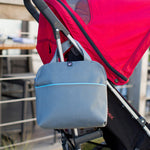 MaxiCOOL Four Bottle Cooler grey teal hanging on stroller