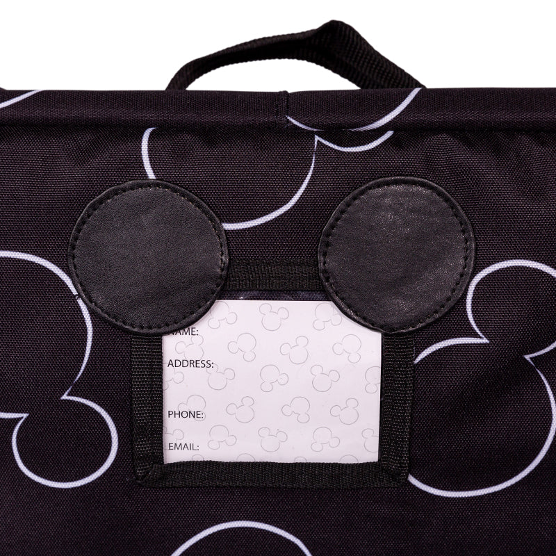 Close up picture of Mickey shaped ID tag on the Disney Baby Single & Double Stroller Travel Bag, Mickey Black