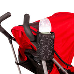 Disney Baby Cup ‘N Stuff Stroller Cup Holder hanging on stroller with bottle in it