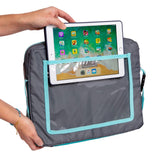 Woman placing ipad in the 3-IN-1 Travel Tray and Tablet Holder