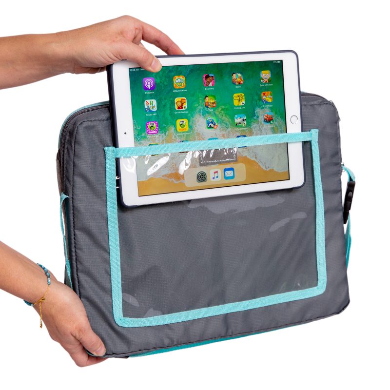 Woman placing ipad in the 3-IN-1 Travel Tray and Tablet Holder